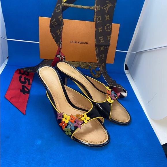 LOUIS VUITTON Leather Flower Patterm Open-Toe Mule Sandals EUR 37 1/2 - Picture 2 of 16